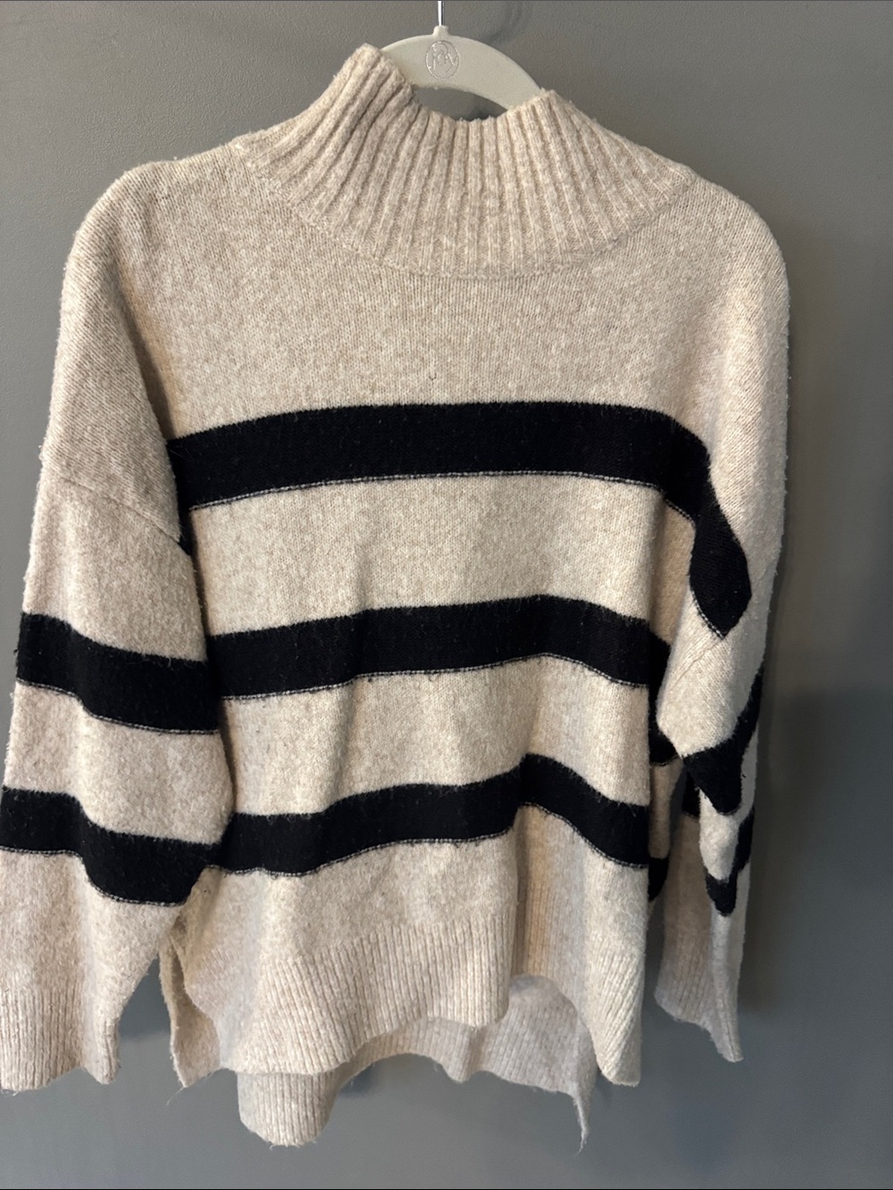 Women’s Cozy Striped Mock Neck Sweater - Beige & Black